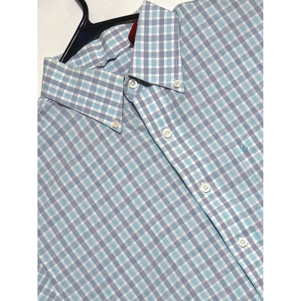 IZOD Mens M Short Sleeve Button Down Shirt Blue White Plaid Cotton Perfect